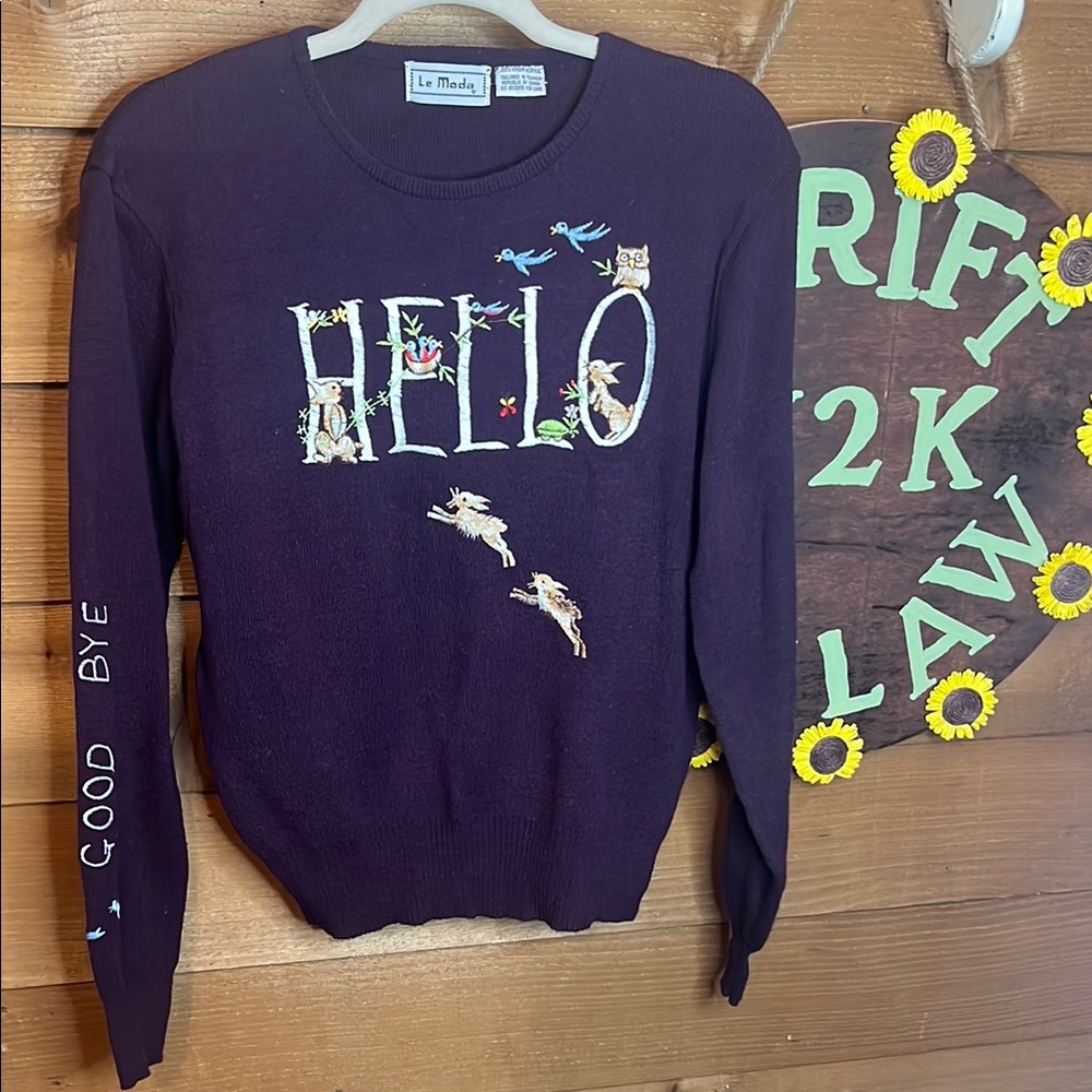 Vintage Le Moda Rabbit Embroidered Spring Floral Knit Sweater Easter Festive
